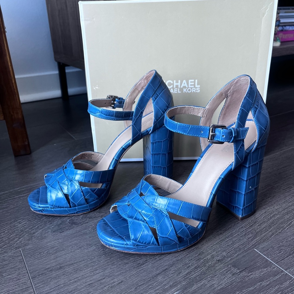 MICHAEL Michael Kors Blue Embossed Leather Platform Block Heels w/Ankle Straps